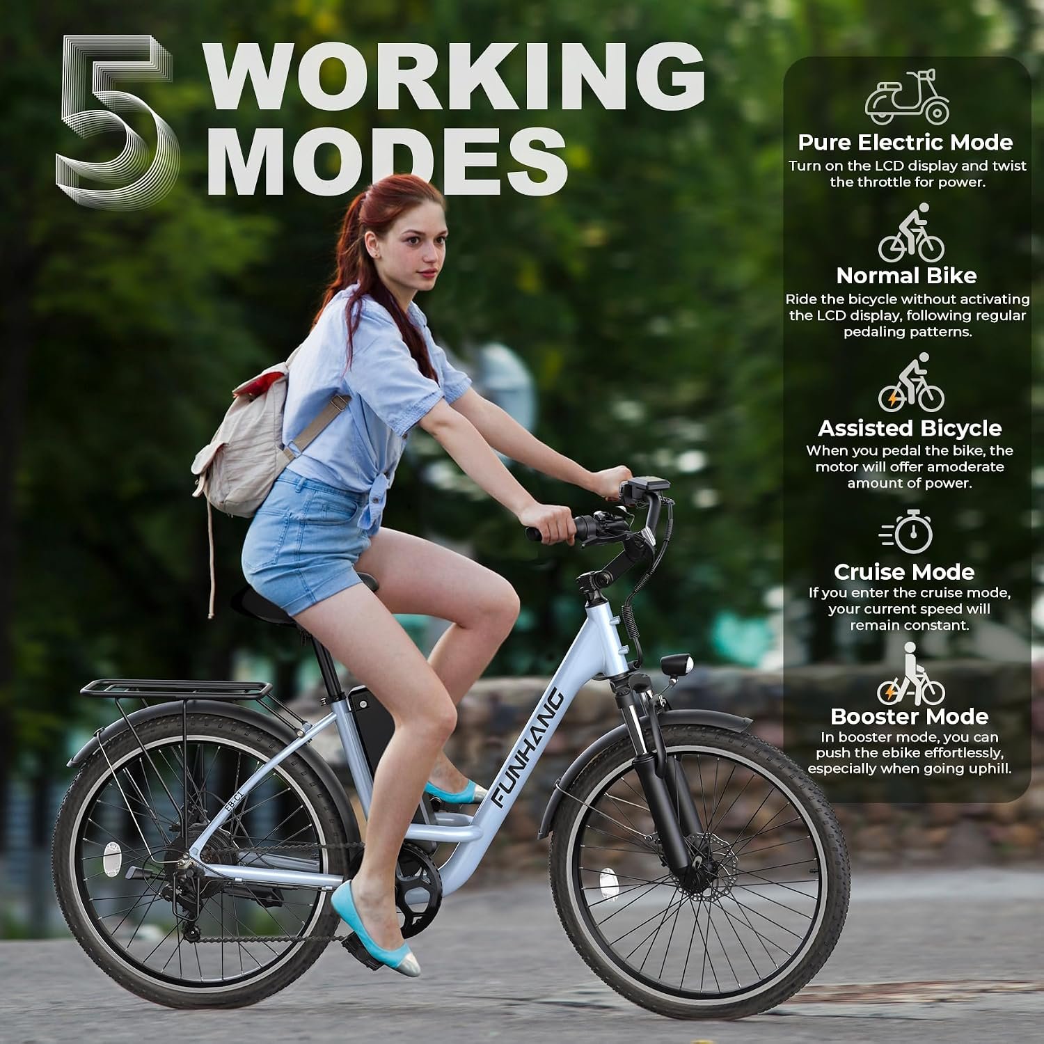 Funhang 26" City Cruiser Electric Bike – 1000W Peak, 20 MPH, 50-Mile Range - Image 7
